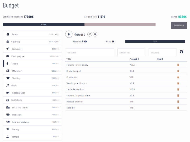 Using a prepared wedding budget and planning event finances Wedding budget module screenshot