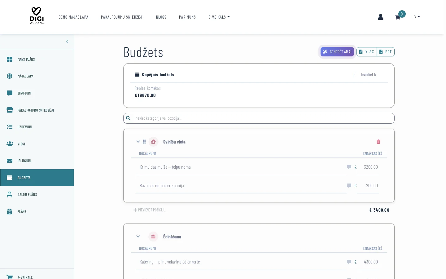 Kāzu budžeta moduļā ekrānšāviņš