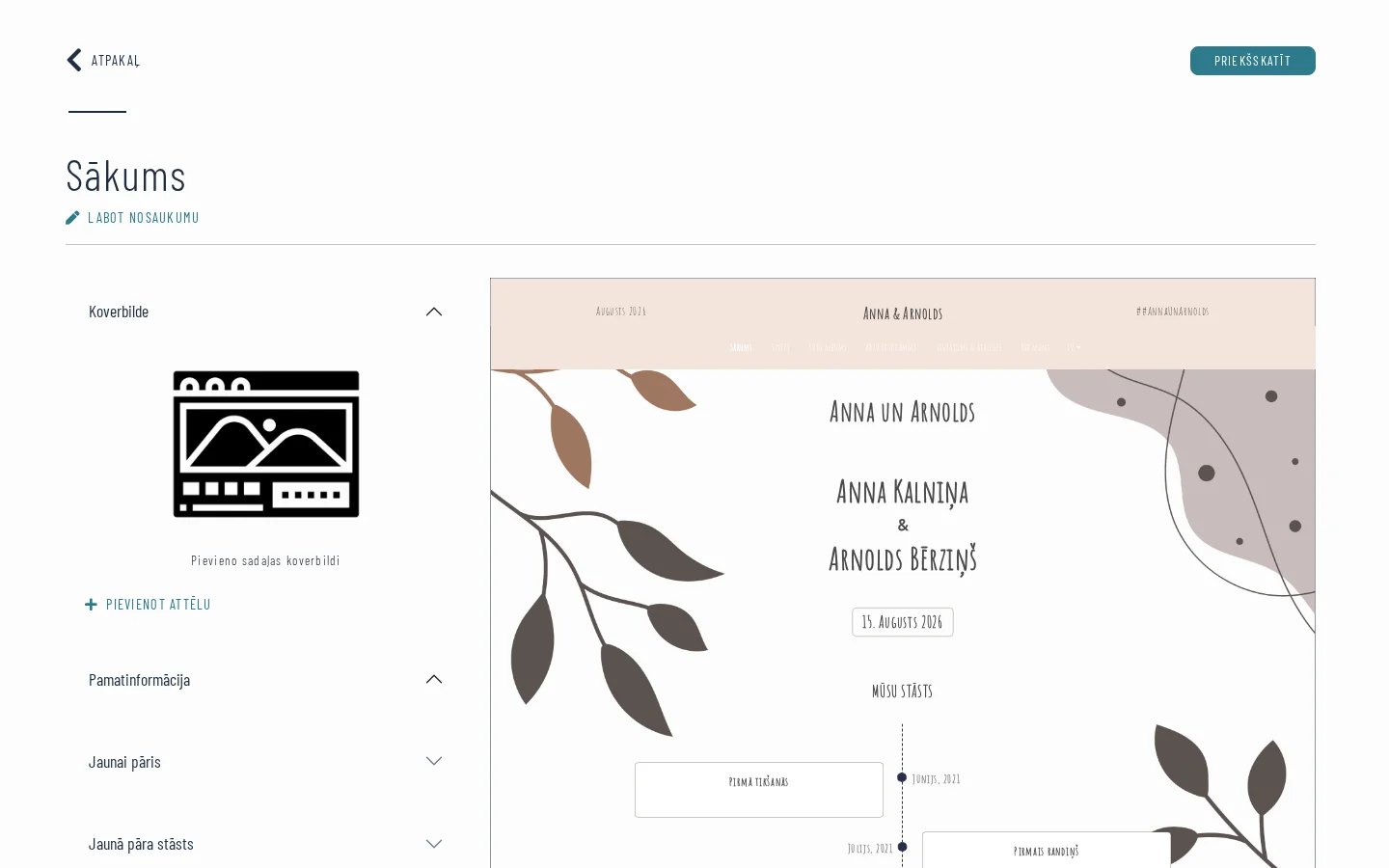 Kāzu majaslapas dizians