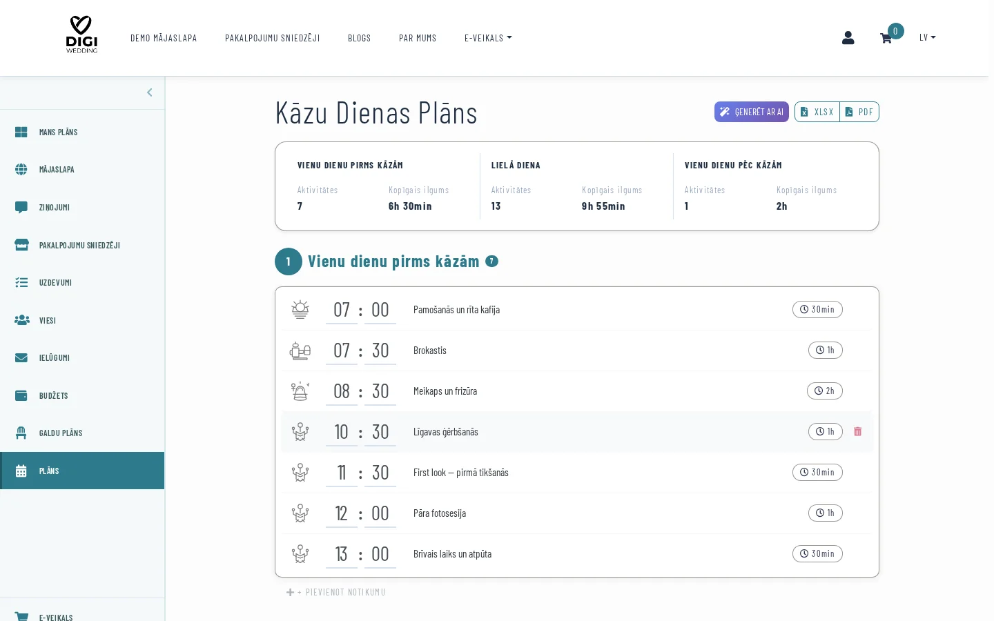 Kāzu laika plāna ekrānšāviņš